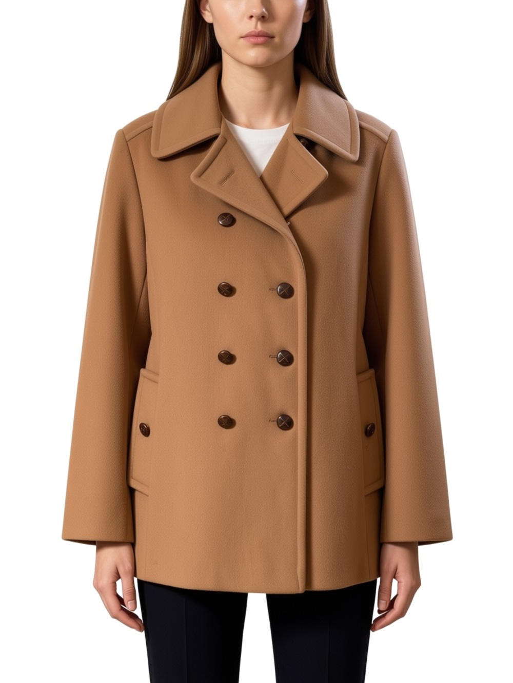 100% wool camel double breasted pea coat